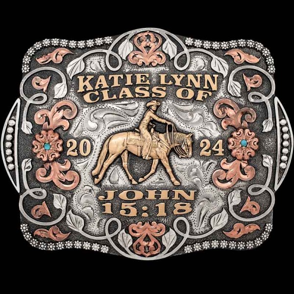 Grace Belt Buckle, Celebrate graduation with the 'Grace' class belt buckle. Crafted on a hand-engraved, German Silver Base. This beautiful buckle is detailed with a b